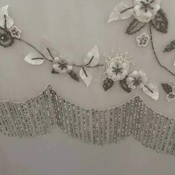 Vintage Floral Embroidered Beaded Sheer Scarf - Cream